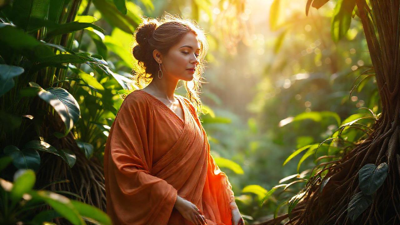 Mujer serena en la jungla radiante