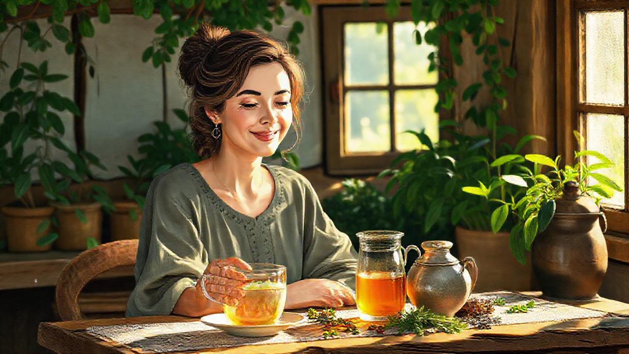 Mujer tranquila disfruta té herbal sereno