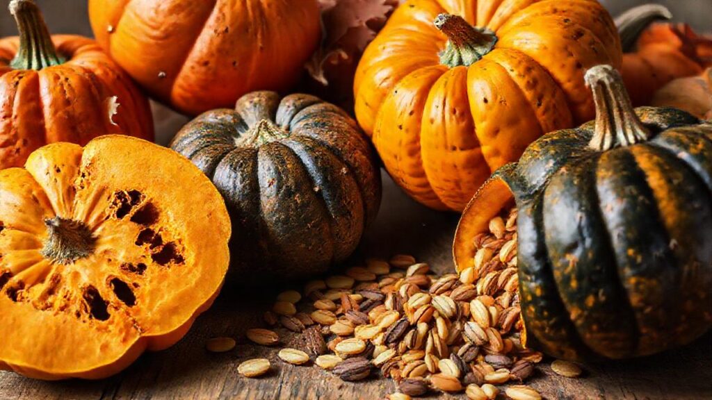 Cosecha otoñal: calabazas vibrantes y comida