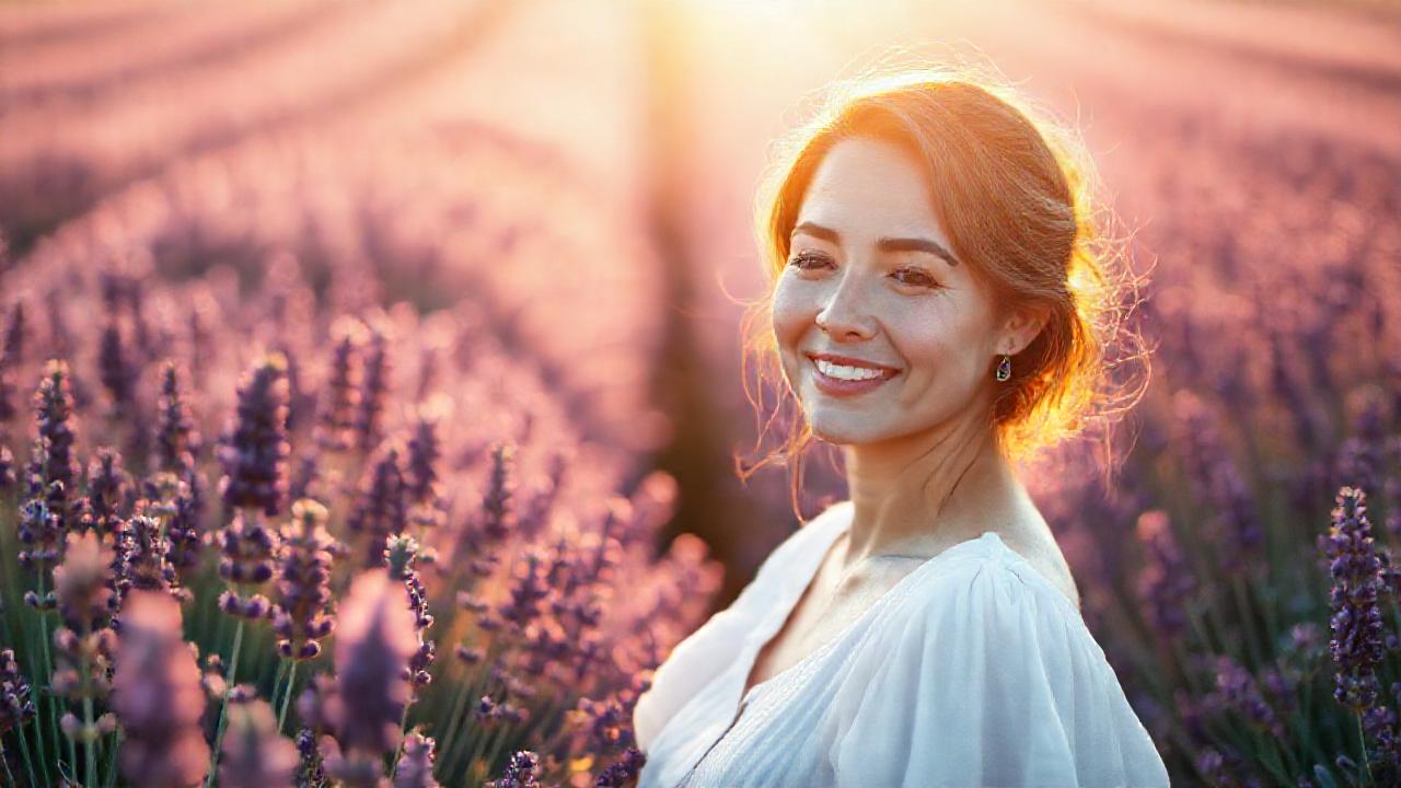 Mujer serena en campos de lavanda