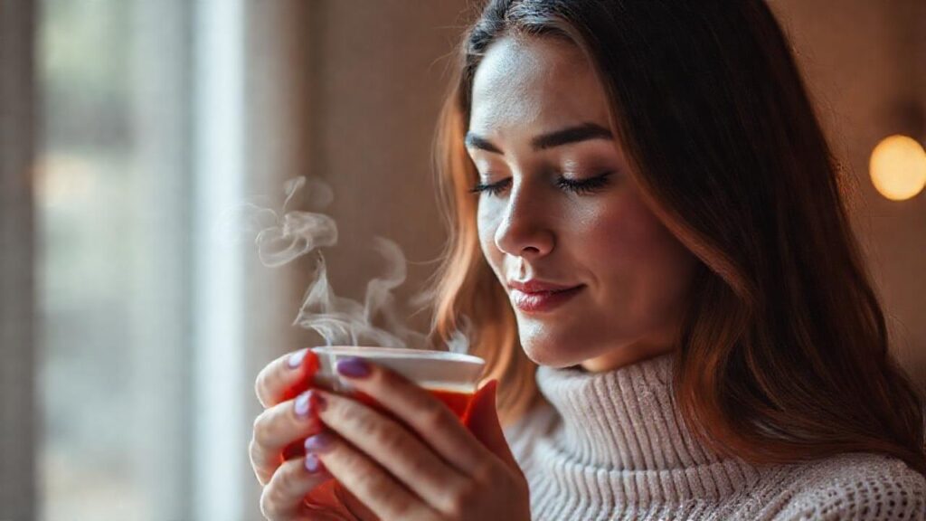 Mujer serena disfruta té tranquilo