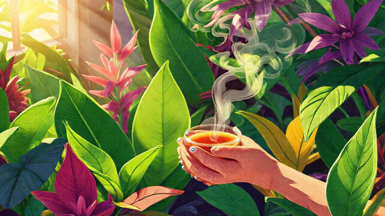 Té herbal y plantas tropicales vibrantes