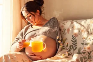 Mujer embarazada disfruta té de cúrcuma sereno