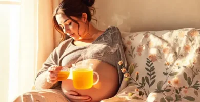 Mujer embarazada disfruta té de cúrcuma sereno
