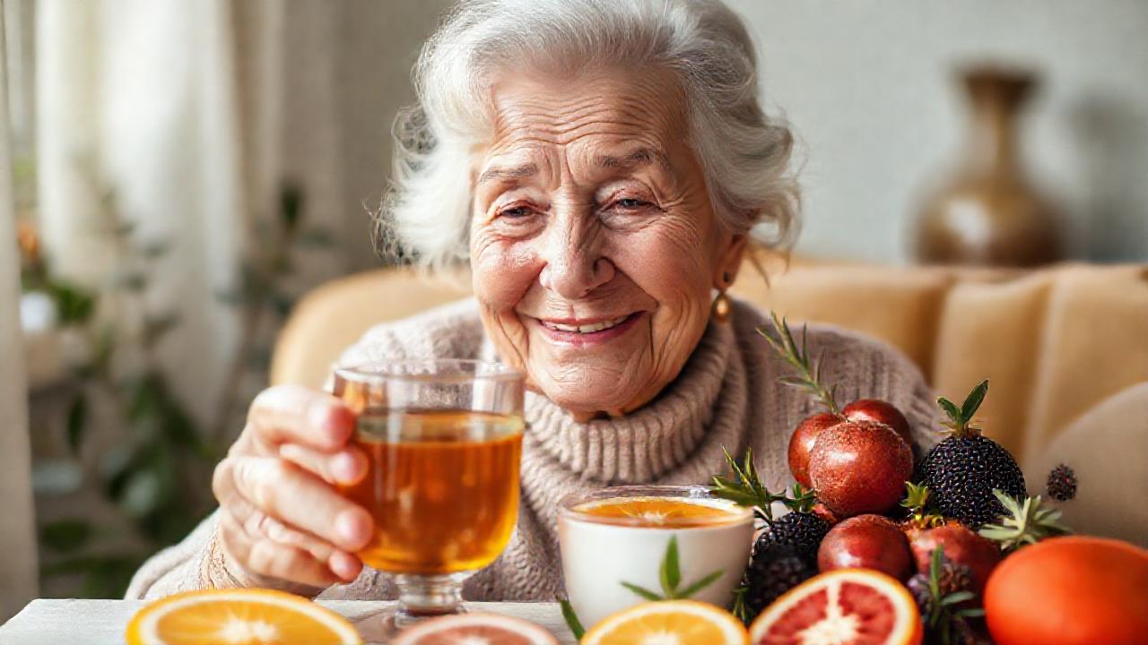 Una anciana disfruta un té herbal sereno