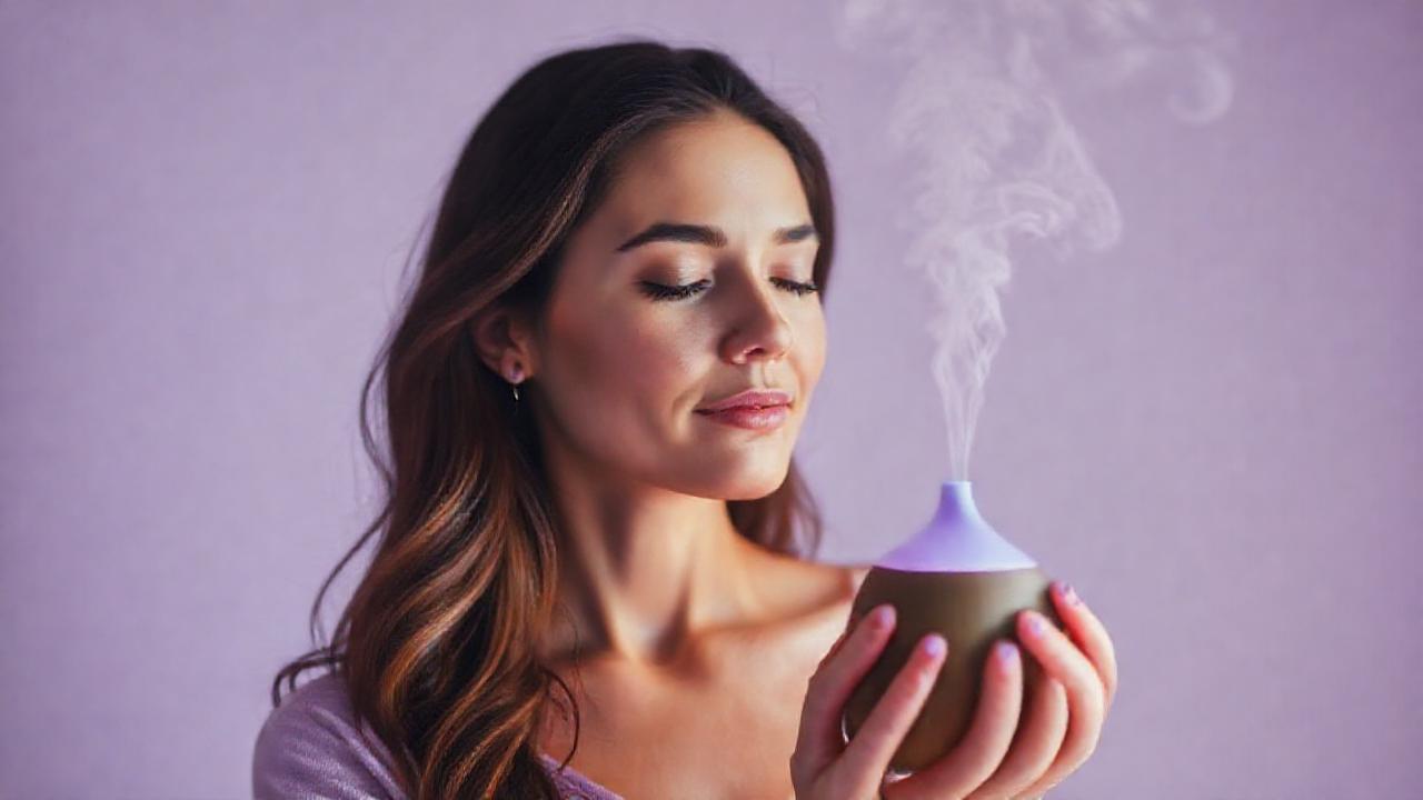 Mujer serena, aroma relajante y paz