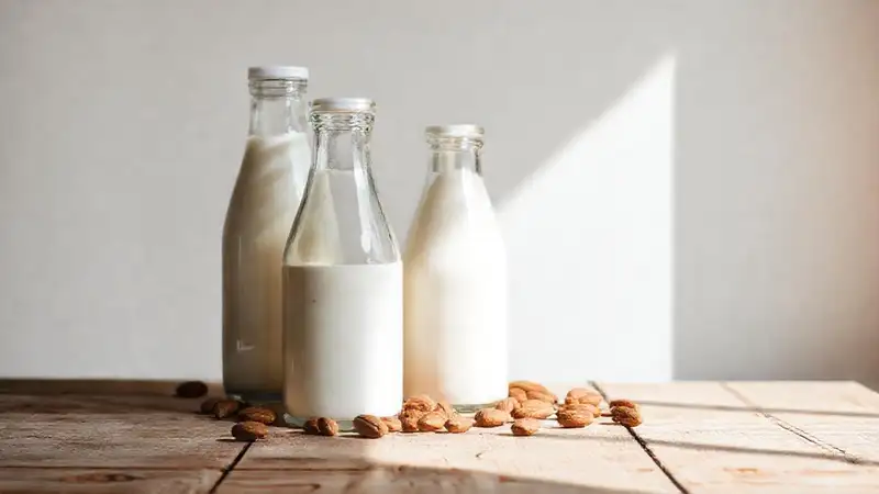 Mesa de madera, leche, almendras y calma