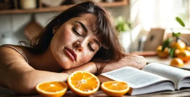 Una mujer serena disfruta el aroma cítrico