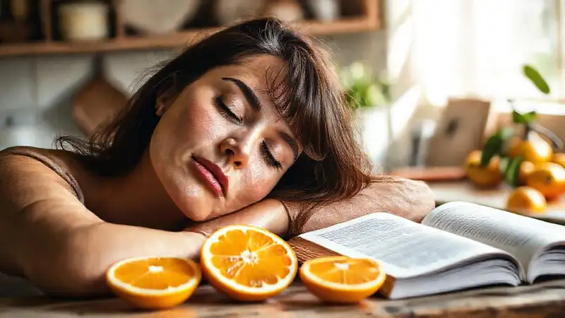 Una mujer serena disfruta el aroma cítrico