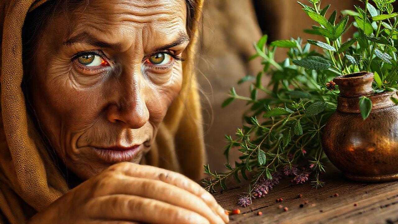 Una anciana prepara remedios herbales brillantes