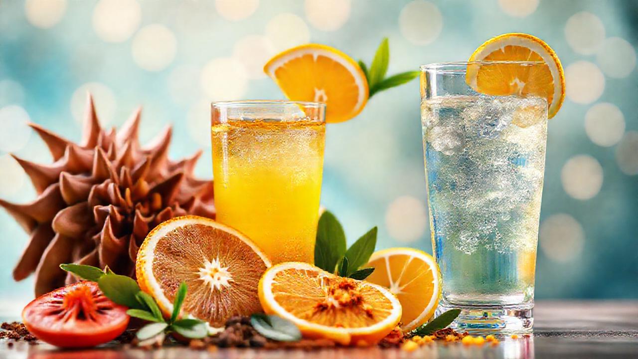 Frutas tropicales y bebidas exóticas, estilizadas