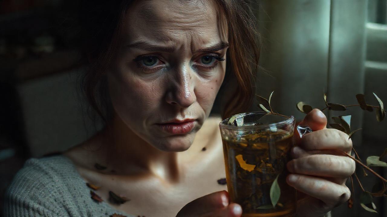 Una mujer inquieta bebe té en sombras