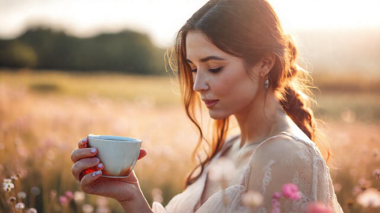 Una mujer serena disfruta un té tranquilo