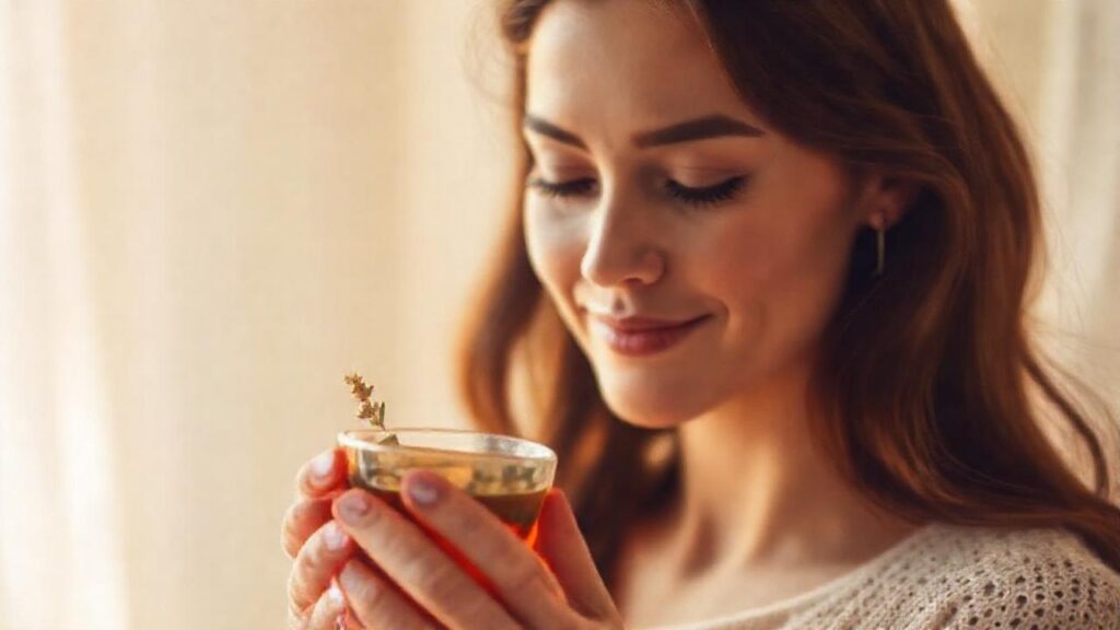 Mujer serena disfruta té herbal tranquilo