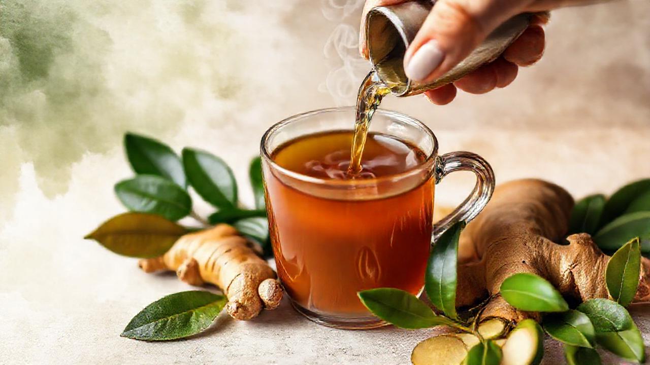 Manos sirven té de jengibre natural