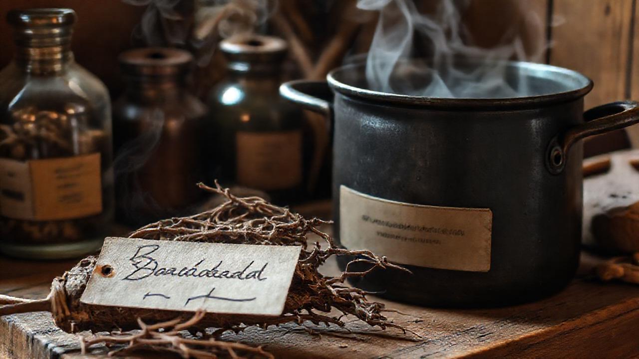 Raíz de bardana seca en rusticidad