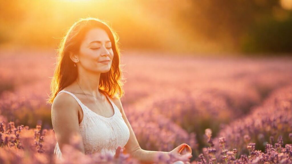 Mujer meditando emana paz y calma