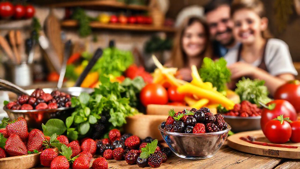 Una familia disfruta de comida saludable y natural