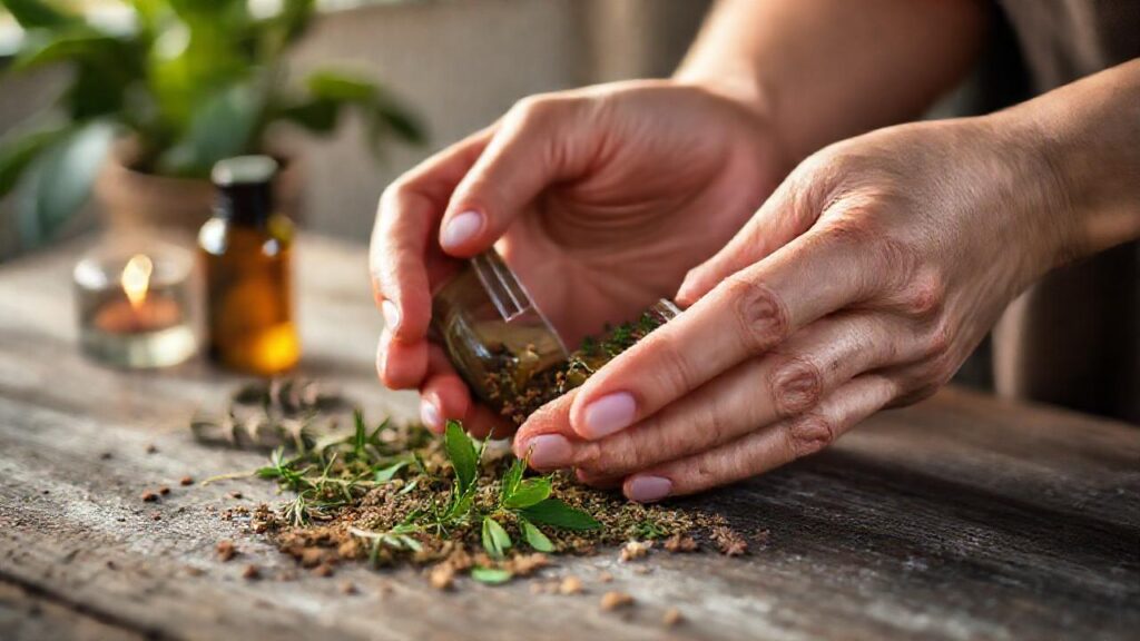 Manos mezclan remedios naturales calmantes