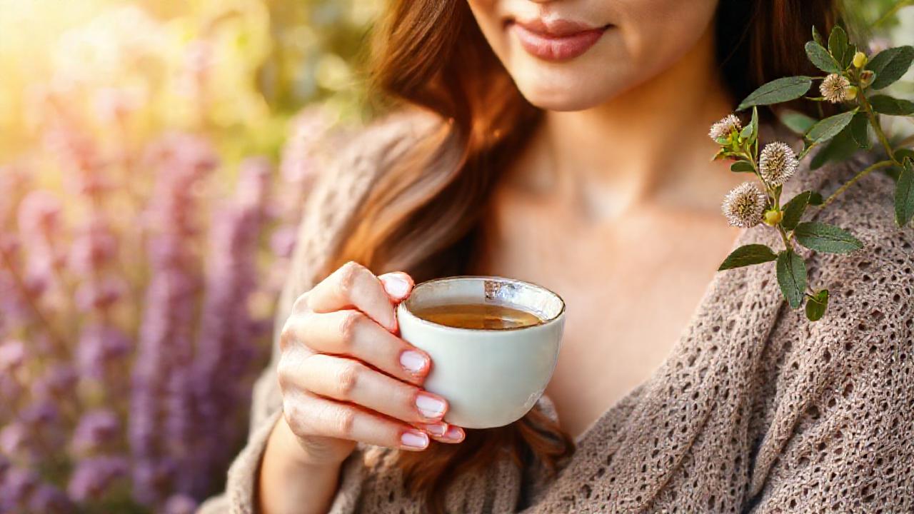 Mujer serena disfruta té tranquilo