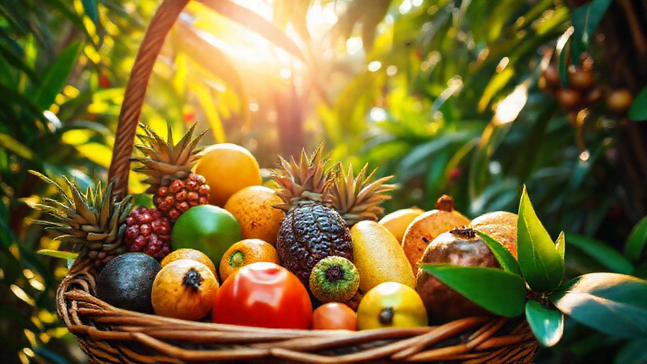 Frutas tropicales vibrantes iluminan la selva