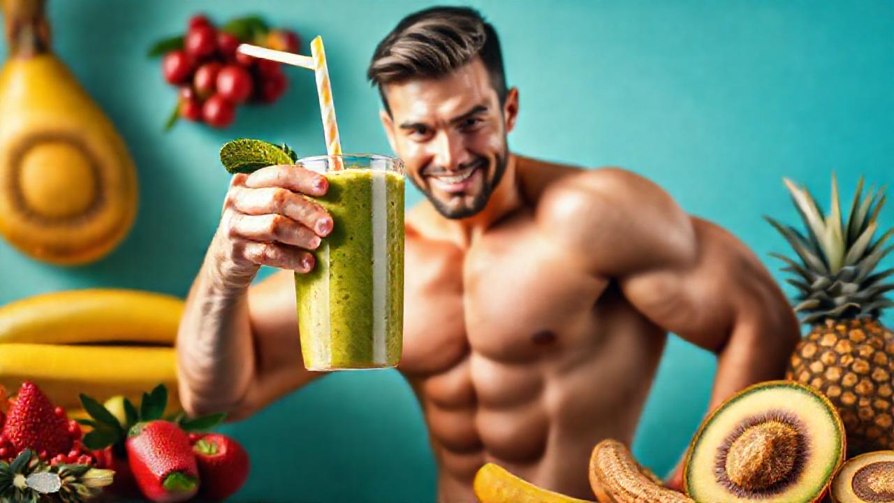 Un hombre musculoso disfruta un smoothie tropical