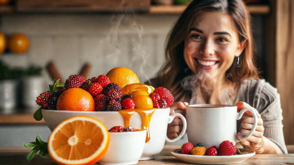 Una mujer feliz disfruta de frutas y calor