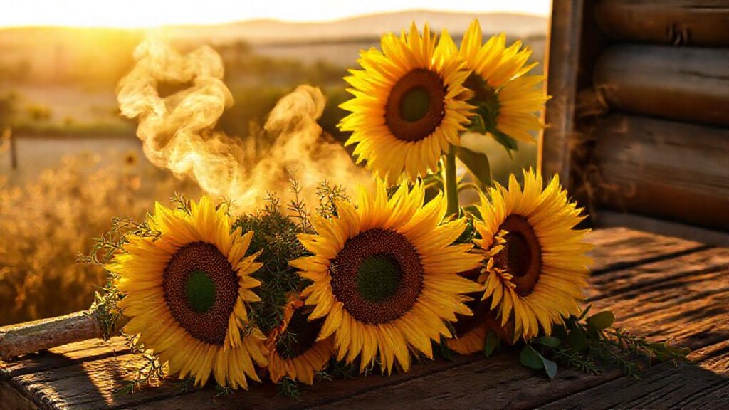 Girasoles y calma en luz dorada