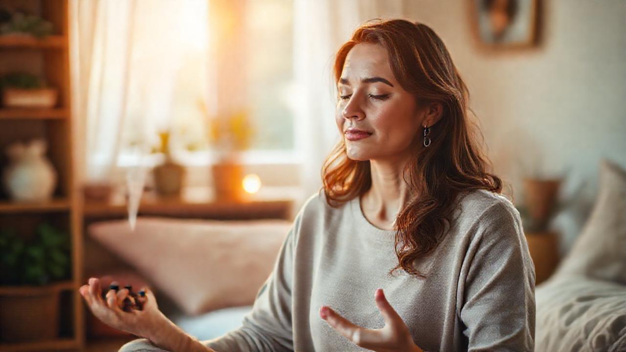 Mujer medita en ambiente sereno y cálido