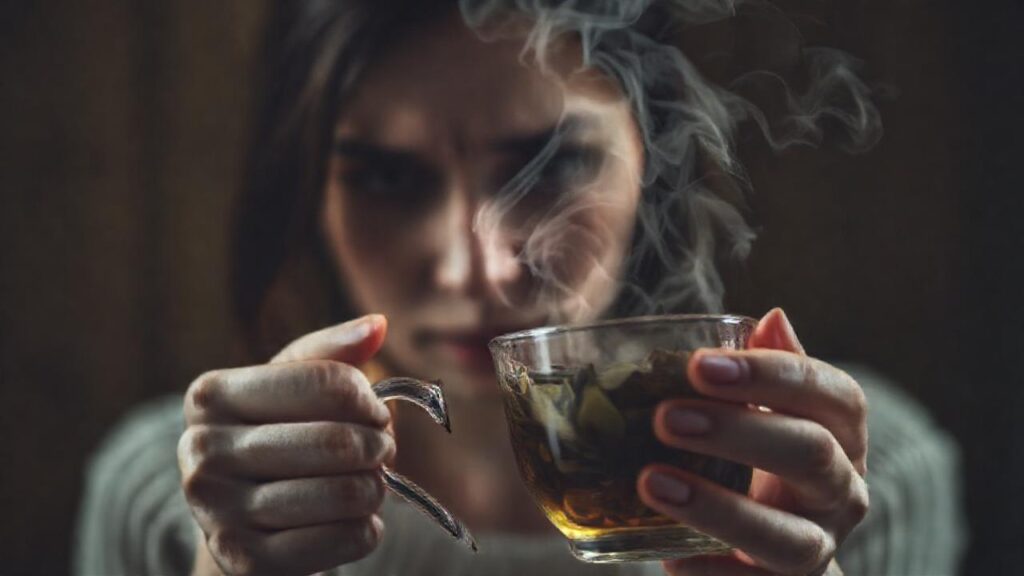 Mujer ansiosa bebe té