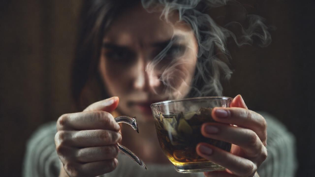 Mujer ansiosa bebe té