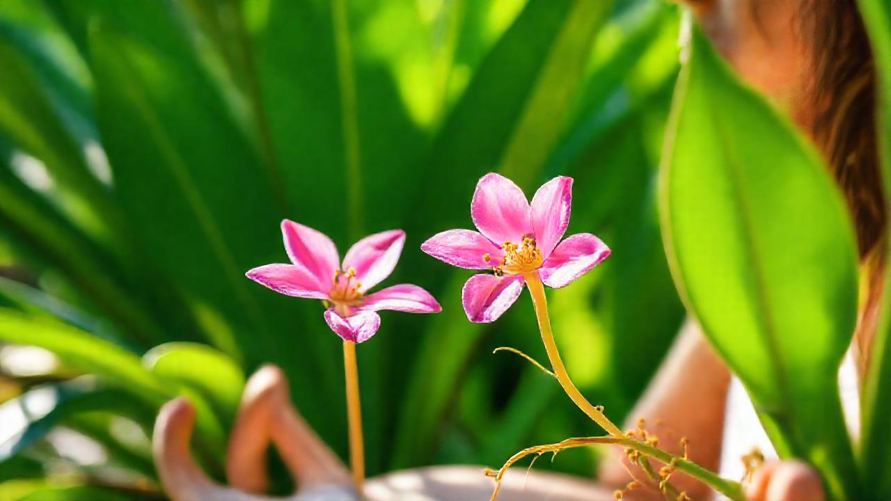 Flor rosa, mujer y equilibrio natural