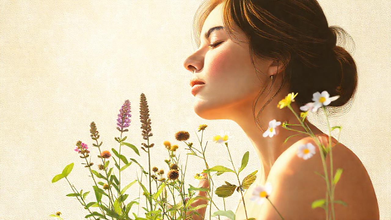 Hierbas y mujer ofrecen alivio sereno