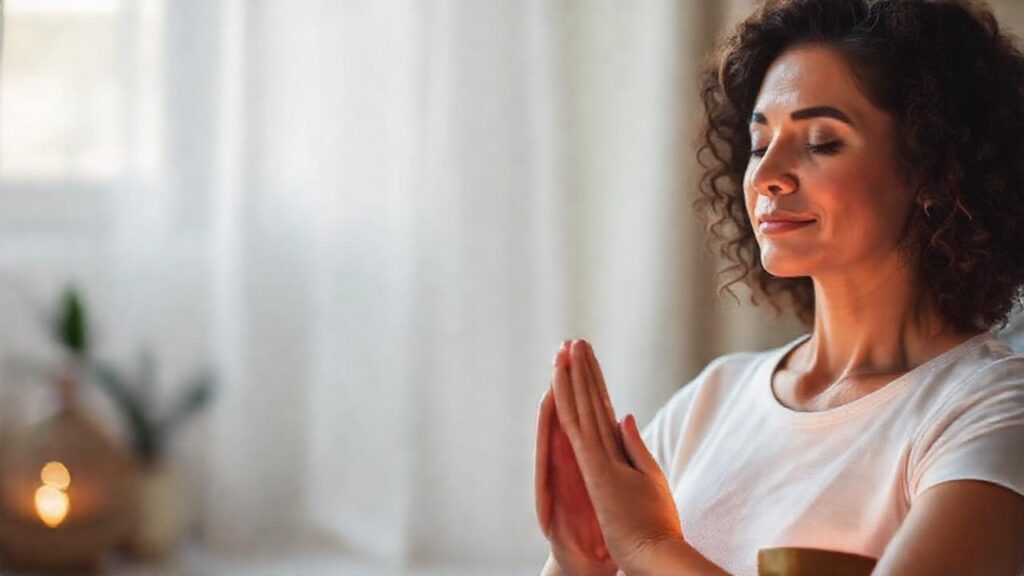 Mujer meditando encuentra paz interior