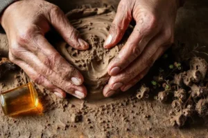 Manos mezclan arcilla y hierbas curativas