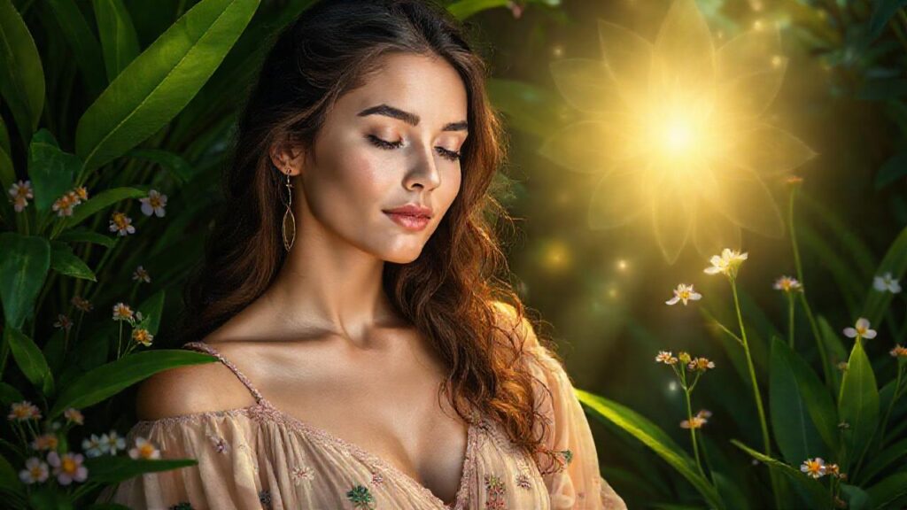 Mujer botánica irradia belleza natural