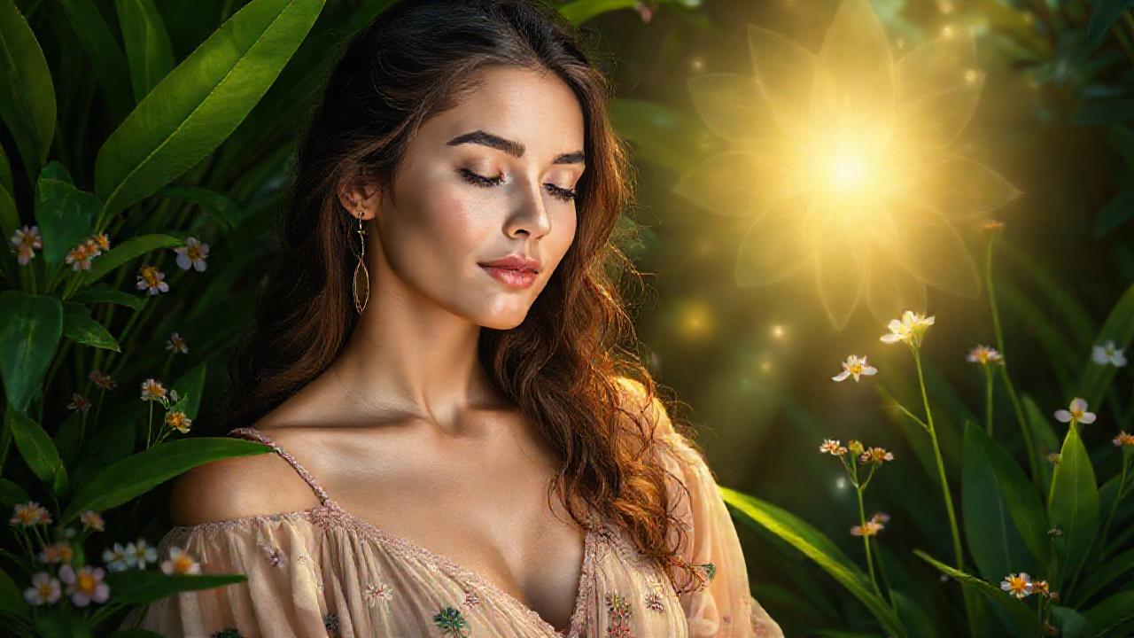 Mujer botánica irradia belleza natural