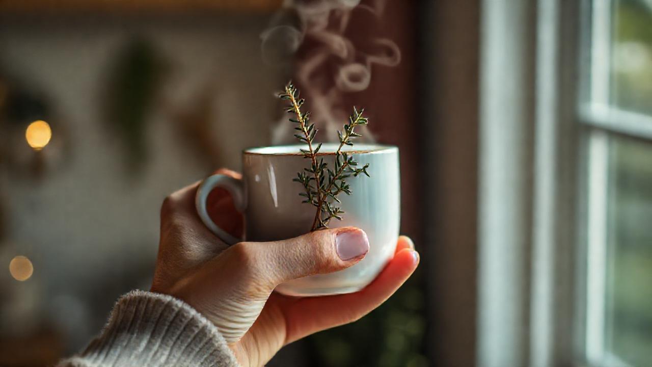 Mano sostiene taza caliente y tranquila