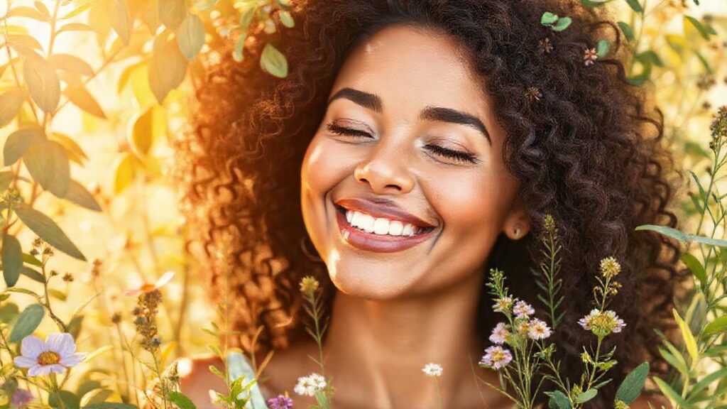 Mujer sonriente en un ambiente botánico suave