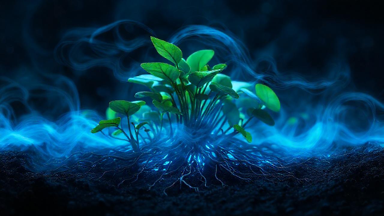 Raíces azules brillan en misterio vegetal