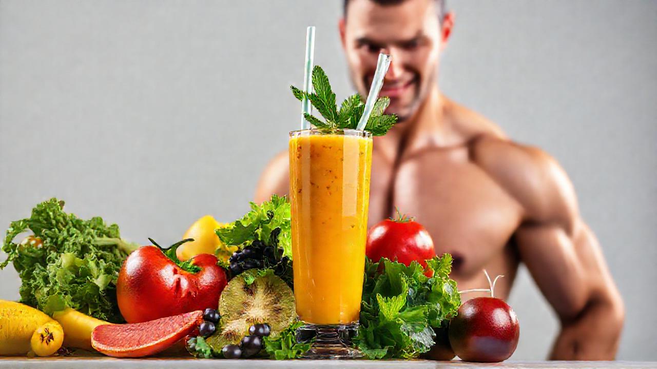 Un smoothie energético ilumina un hombre fuerte