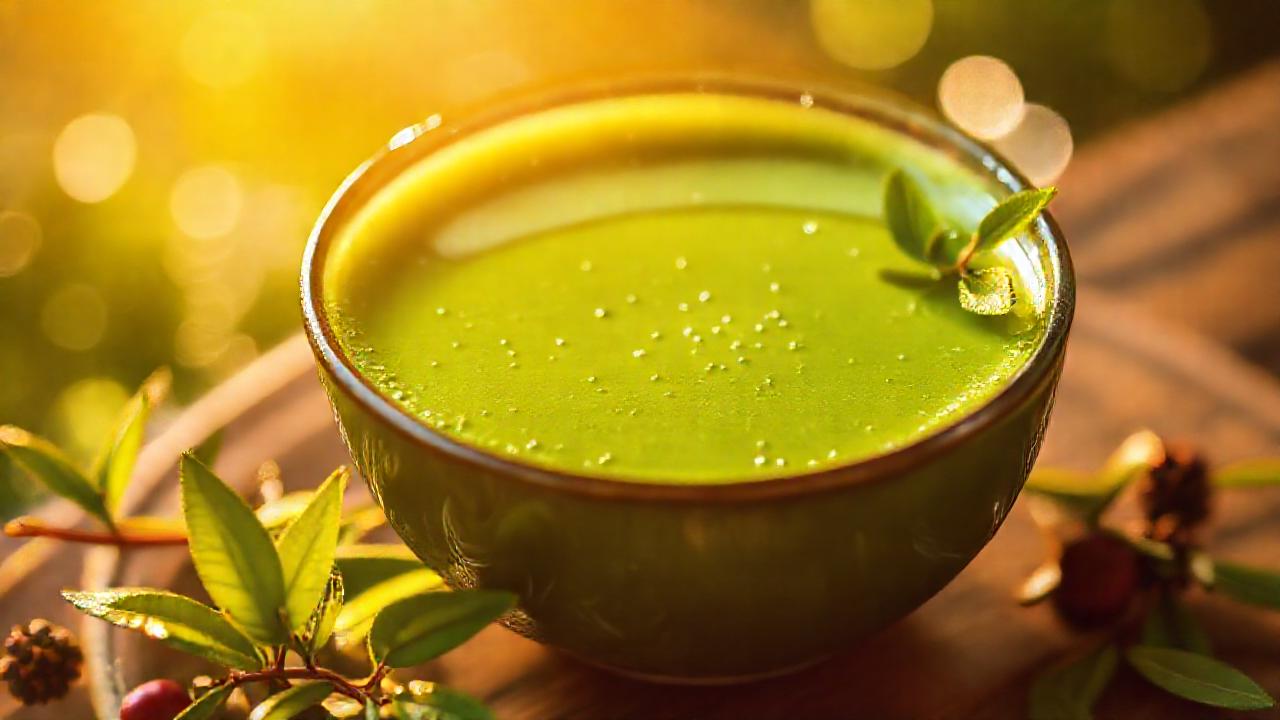 Tazón de té matcha, verde y sereno