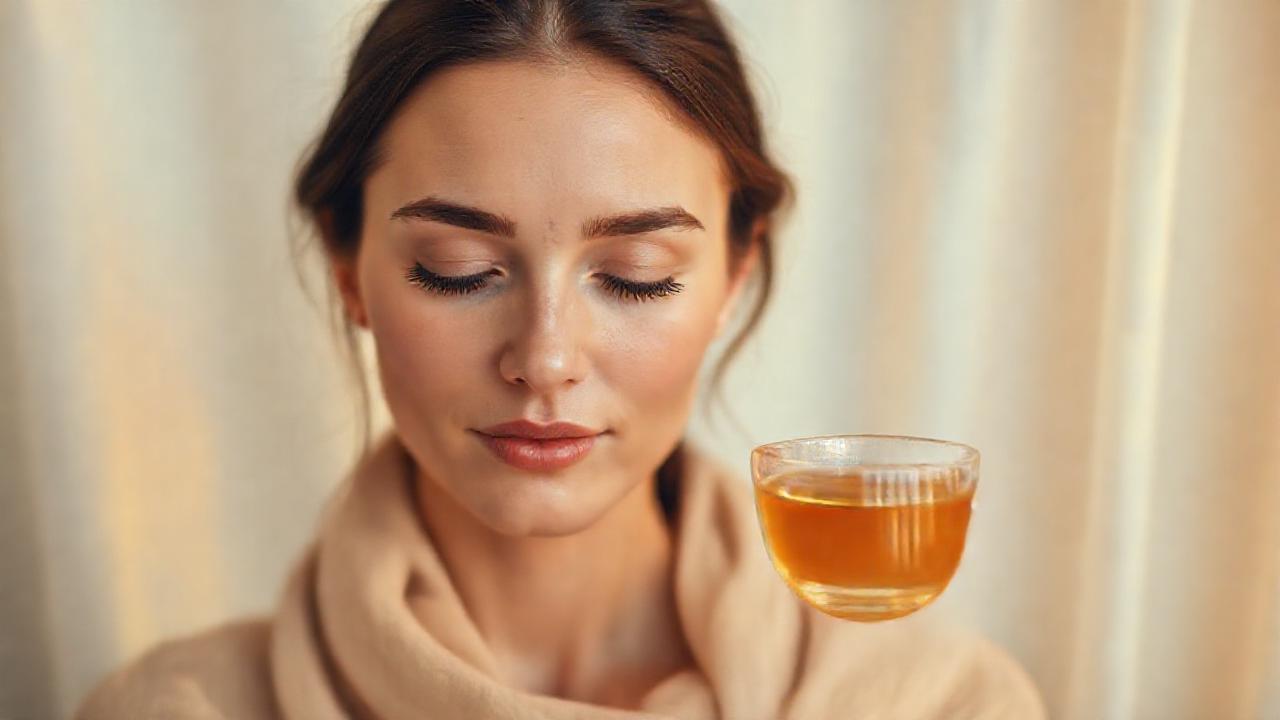 Mujer serena disfruta té de manzanilla