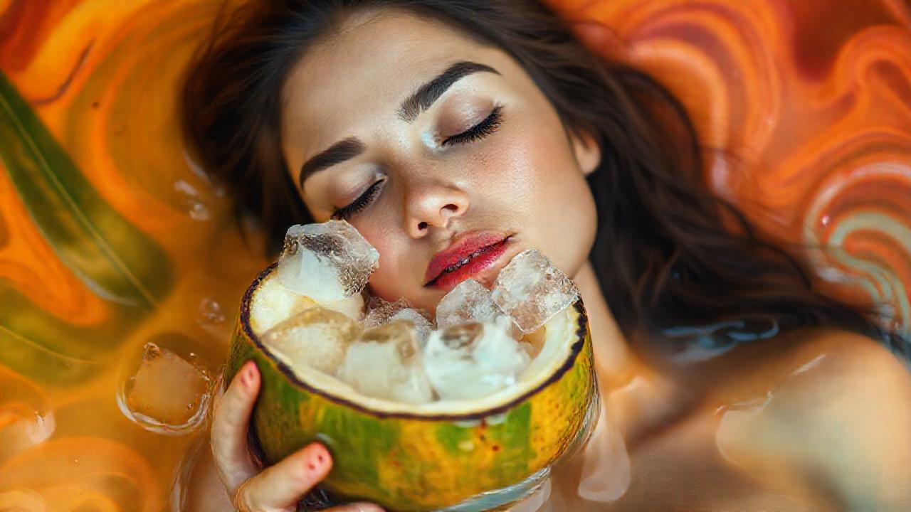 Una mujer relajada disfruta agua de coco