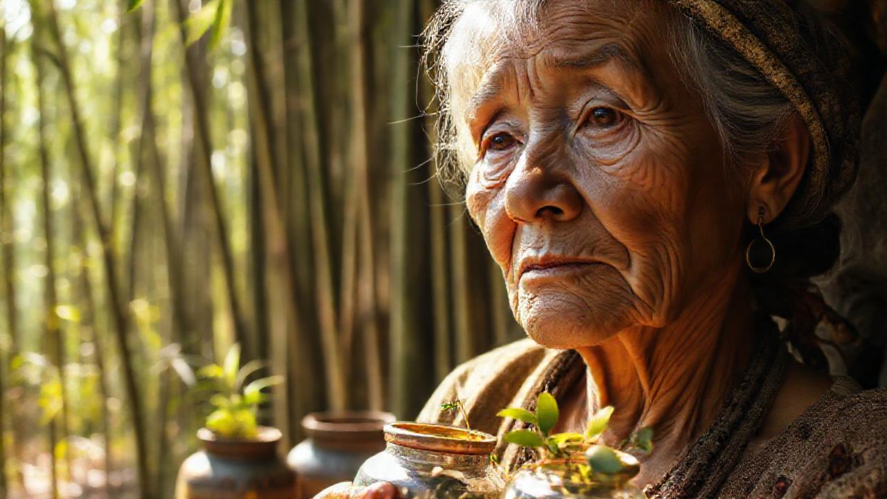 Mujer sabia en bosque bambú curativo