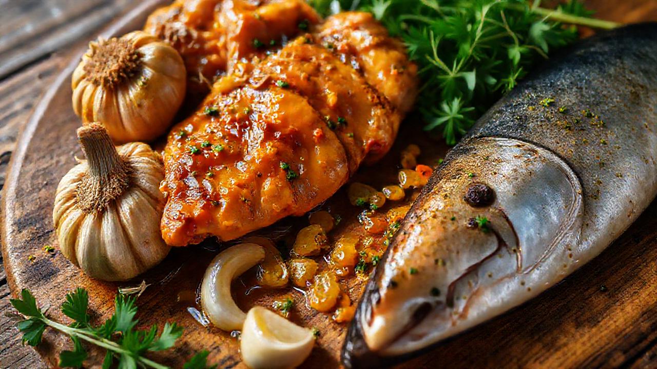 Plato exquisito de pescado y pollo