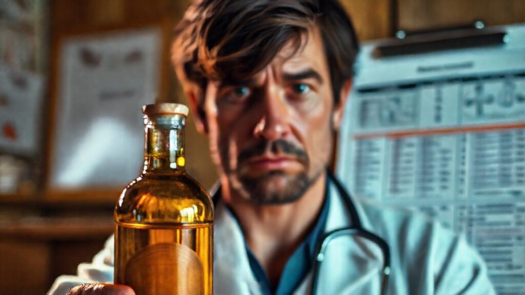 Un médico examina un frasco antiguo