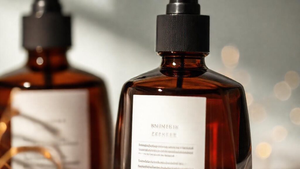 Frascos oscuros resaltan ingredientes de cuidado