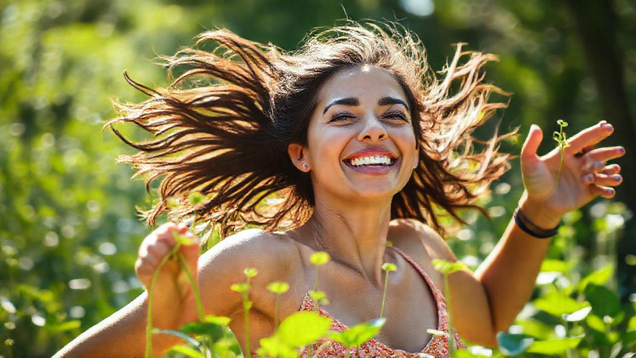 Mujer enérgica florece con vitalidad natural