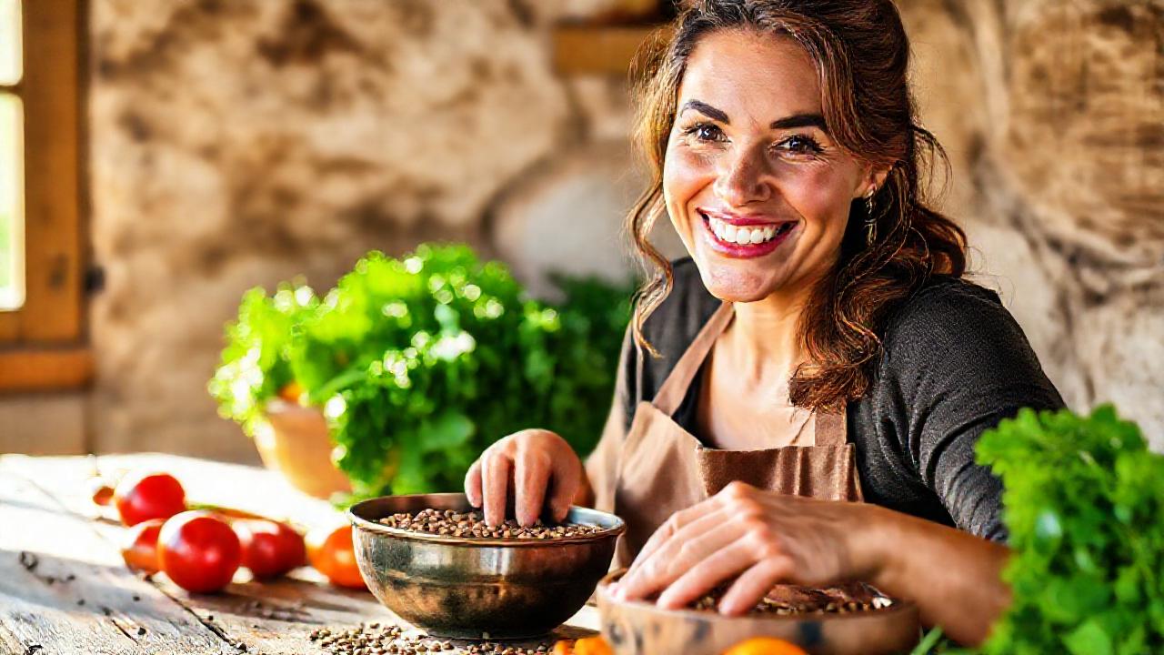 Mujer sana cocina alimentos saludables con luz